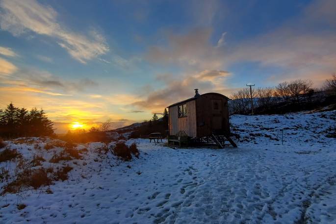 Skye Shepherd Huts during winter, Isle of Skye, Scotland