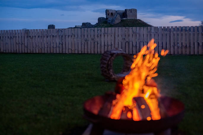 Cabin by the Castle fire pit with view to the castle, Duffus, Moray, Scotland