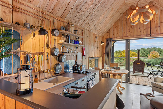 Bothan Dubh cabin kitchen, Perthshire, Perth & Kinross, Scotland