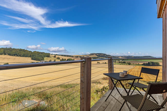 Whin cabin glamping view from the balcony, Perthshire, Perth & Kinross, Scotland