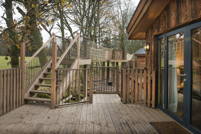 Flycatcher Treehouse balcony and bridge at Doune, Stirling, Scotland