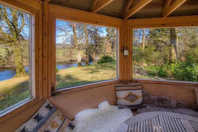 Flycatcher Treehouse balcony at Doune, Stirling, Scotland
