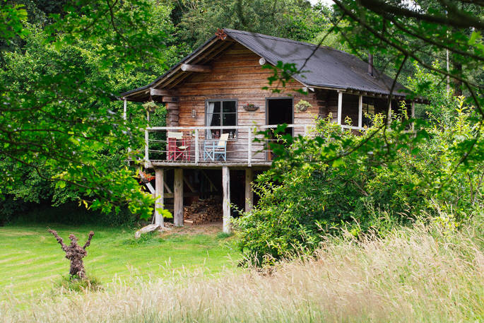 Exterior of the Log House Studio at Cwm Farm in Carmarthenshire