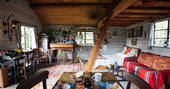 Living and sleeping space in the Log House Studio, Cwm Farm, Carmarthenshire