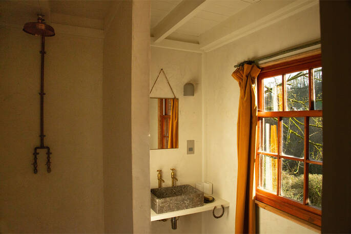 Bathroom with a walk in shower, sink and flushing toilet