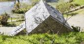 The Little Cowshed barn roof with view to pond, Lampeter, Ceredigion, Wales