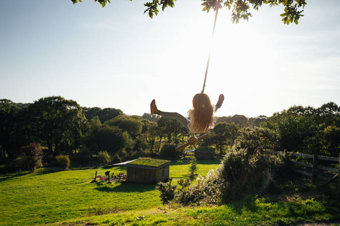 The rope swing with the woods as a backdrop at One Cat Farm in Ceredigion, Wales