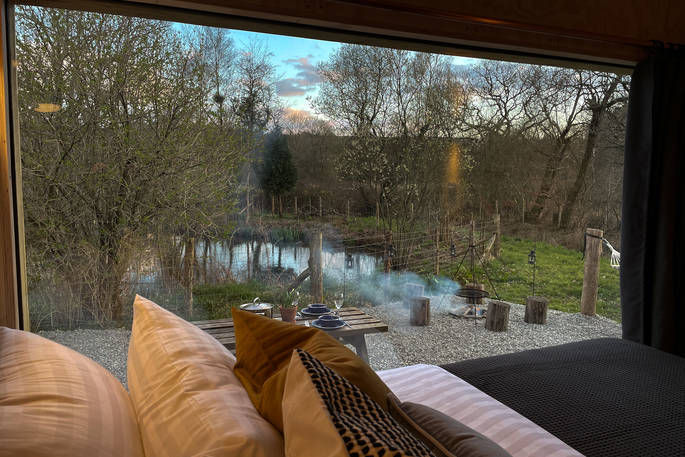 The Den cabin - view from the bed, One Cat Farm, Lampeter, Ceredigion, Wales