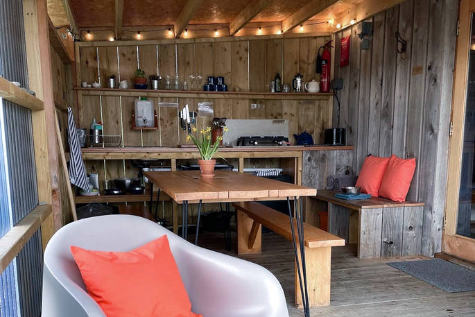 The Hide cabin - outdoor covered dining and cooking area, One Cat Farm, Ceredigion, Wales