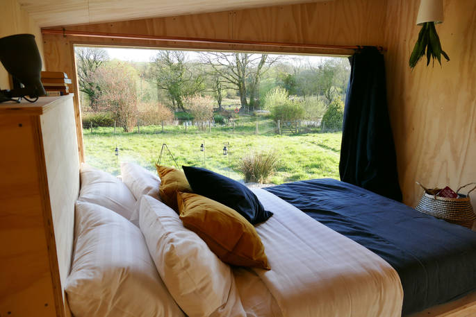 The Hide cabin - view from the bed, One Cat Farm, Lampeter, Ceredigion, Wales