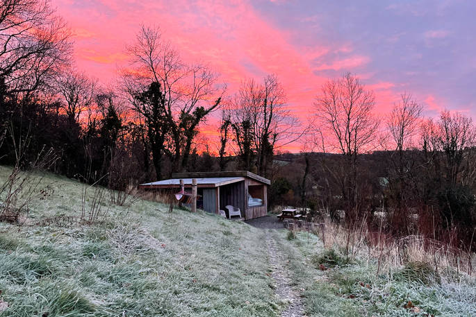 The Lookout cabin - pink sky, One Cat Farm, Ceredigion, Wales