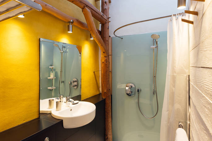 The Stoep cabin shower room at Wildernest, Lampeter, Ceredigion, Wales