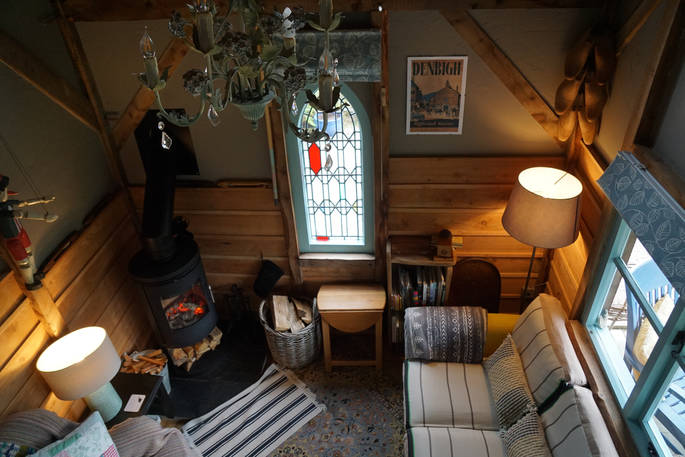 Ty Twt cabin view from the mezzanine at Felin Isa, Denbigh, Conwy, Wales