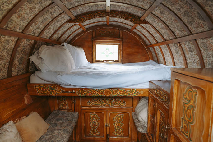 Gypsy wagon with a double bed and wood burner