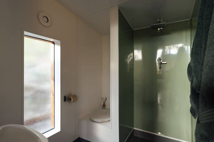 Bathroom with a hot shower, sink and flushing toilet