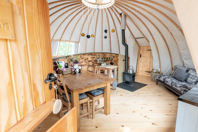 Castroggi at Penhein alachigh tent glamping interior, Chepstow, Monmouthshire, Wales