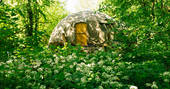 The Park tent through the lush green forest at Penhein Glamping in Monmouthshire