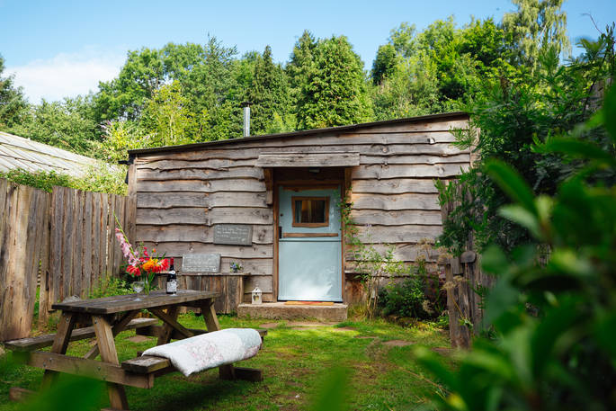 Brambling Cross cabin exterior, The Hop Garden at Kingstone Brewery, Tintern, Monmouthshire, Wales