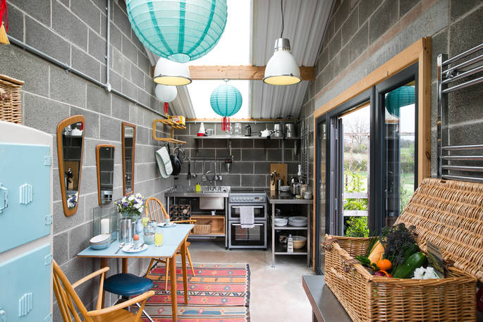 A bright and well-equipped kitchen at the Stripy Bothy, Monmouthshire in Wales