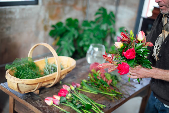 Flower arranging at Stripy Bothy, Monmouthshire in Wales