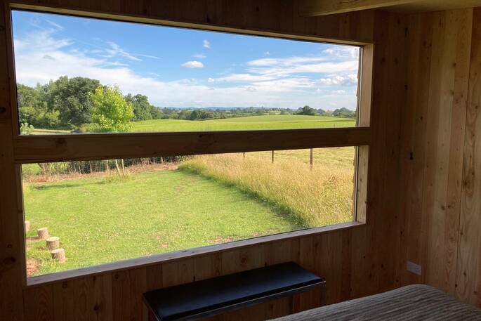 Woodlands Farm The Bivouac cabin view from bed, Monmouthshire