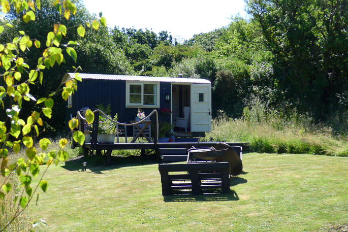 The charming and rustic Cwt Gwyrdd shepherd's hut at Isfryn in Pembrokeshire