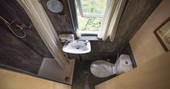 Shower and flushing toilet in the en suite inside Beudy Banc Treehouse in Powys 