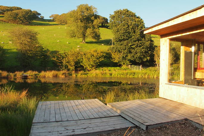 Decking outside Caban Cilfa at Beudy Banc in Powys 