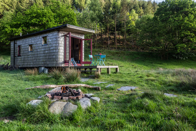 Woodland cabin in wales exterior campfire 