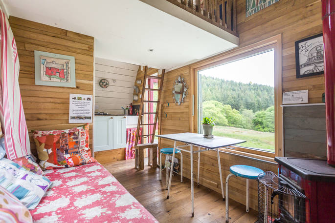 Calming cabin interior living area