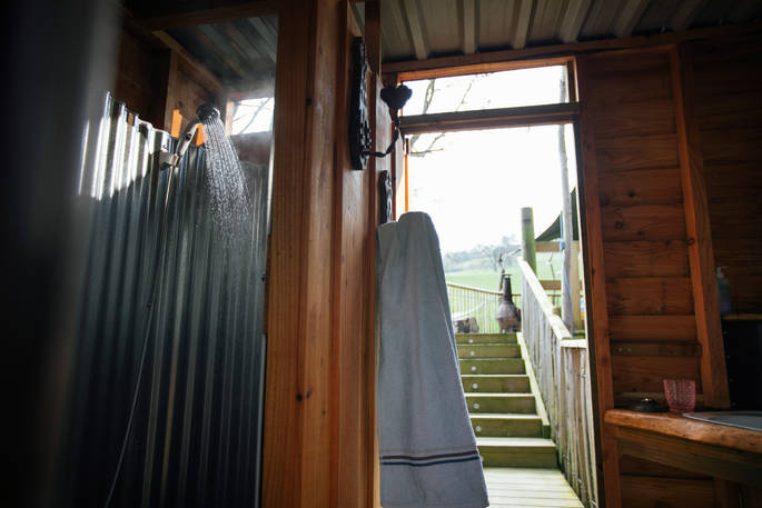 The indoor shower at Jericho Yurt, Powys in Wales