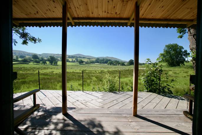 Views of the beautiful fields from the entrance of The Duck Cabin in Powys 