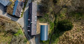 Lofftwen Longhouse barn drone view, glamping at Llanwrtyd Wells, Powys, Wales