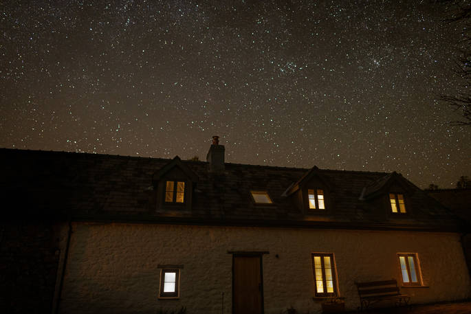 Lofftwen Longhouse barn starry night, glamping at Llanwrtyd Wells, Powys, Wales