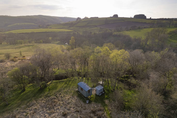 Come By Shepherd's hut - drone view at Mill Meadow, Llandrindod Wells, Powys, Wales