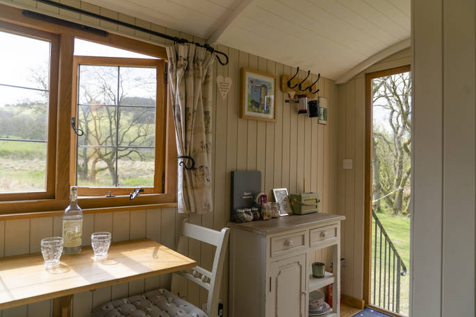 Come By Shepherd's hut - view from the inside at Mill Meadow, Llandrindod Wells, Powys, Wales
