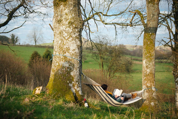 A hammock with a view over the fields, hitched between two trees at Straw Cottage in Powys Wales