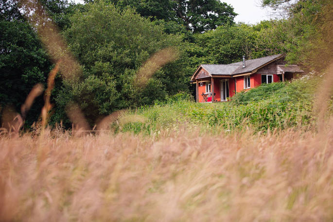 A view of Straw Cottage across the long grass in Powys, Wales