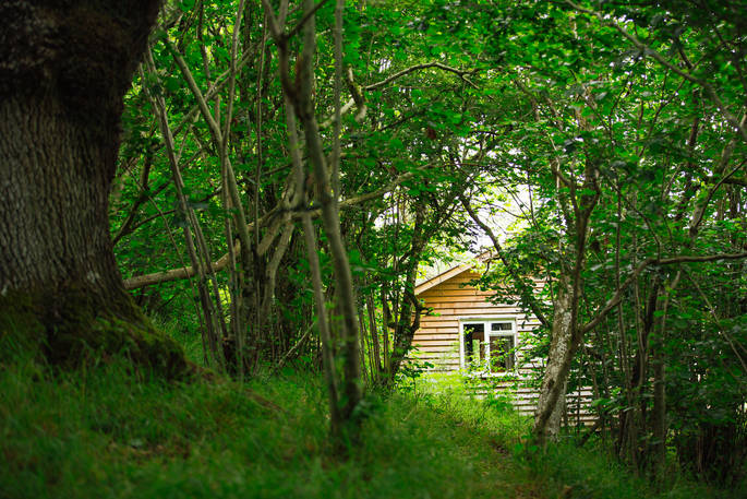 The Straw Cottage peeking through the trees in Powys, Wales