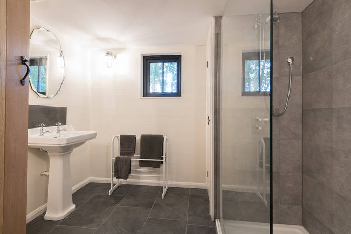 Shower and bathroom facilities inside Walden Lodge at Hide at St Donats 