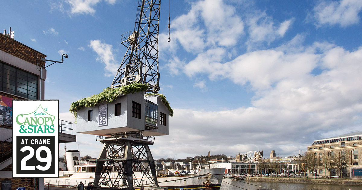 The treehouse in a crane on Bristol Harbourside Canopy & Stars at