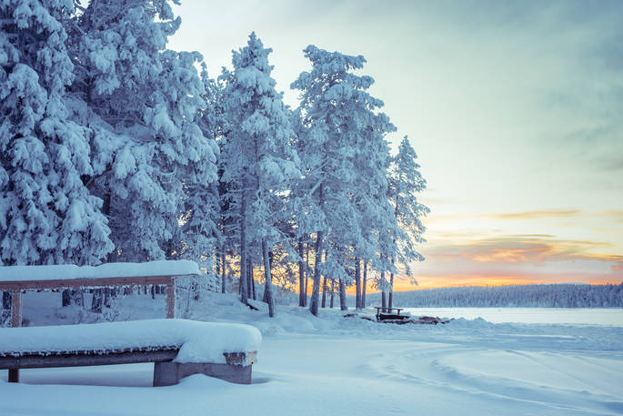 Beautiful snowy wilderness at Aurora Domes in Finnish Lapland