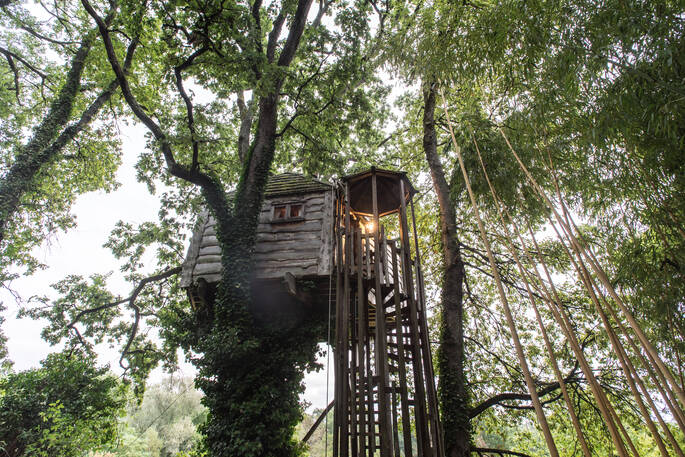 Looking up at Gauthie Treehouse Cabin through the trees, Dordogne, France