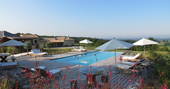 Shared swimming pool at Châteaux dans les Arbres, Dordogne, France