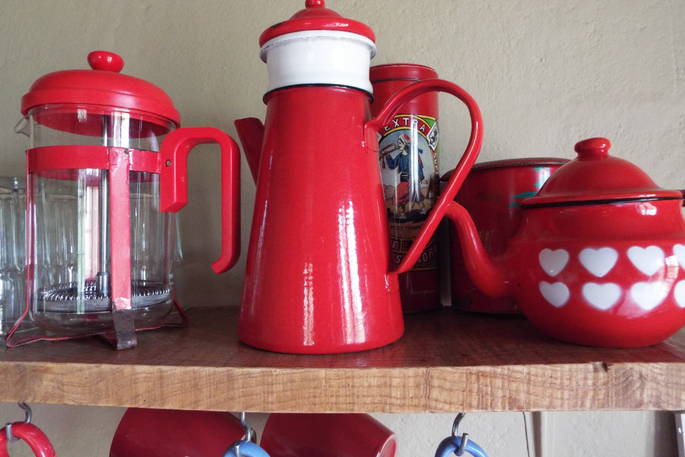 Make yourself a cup of tea with traditional crockery at Woodman's Cabin in Dordogne, France