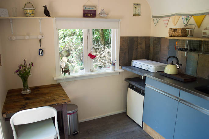 Kitchen area inside of the Roulotte at GoGreen holidays, Dordogne, France  
