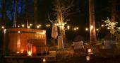 Sky Light treehouse hot tub at night time with fairy lights, Terre et Toi, Dordogne, France