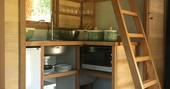 Fully equipped kitchen area and microwave inside of La Cabane de Bot-Conan in France