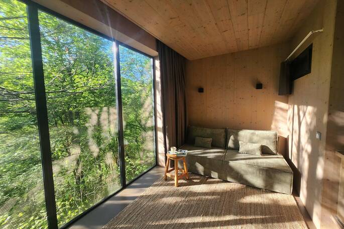 View from kitchen and living room at Cabane de Salagnac Cèdre Blanc, Corrèze