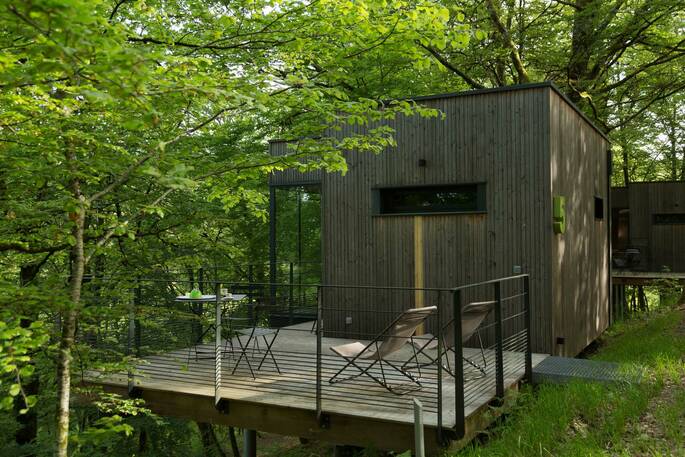 Looking down onto the roof of Cabane de Salagnac Cèdre Blanc Tree Cabin through the trees, Corrèze, France